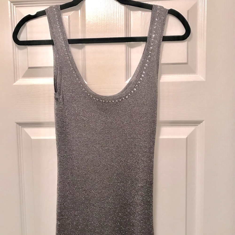 Bebe Knit Tank Top Charcoal Grey w/ Metallic Silver w/ Smoke Rhinestones